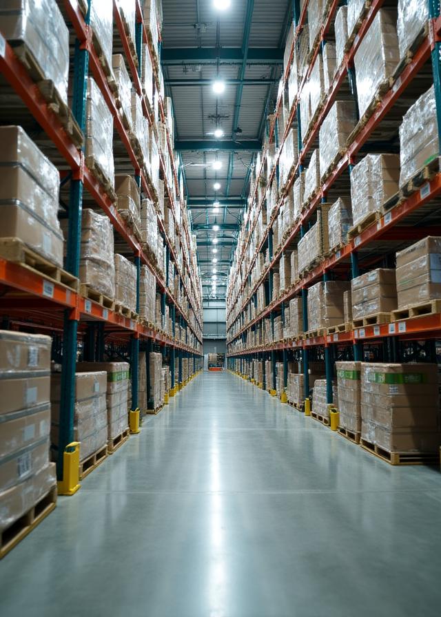 Modern logistics warehouse interior with high shelving